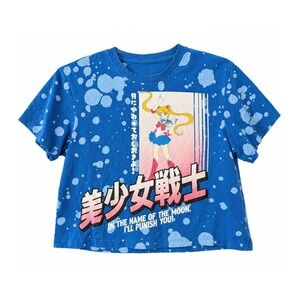 Sailor Moon Womens XS Blue Bleach Splatter Crop Top Graphic T-Shirt Anime Cotton